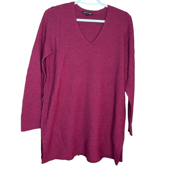 Eileen Fisher Rib Knit Wool V-Neck Top Peony Drop Shoulder Tunic Sweater Small - Picture 5 of 6